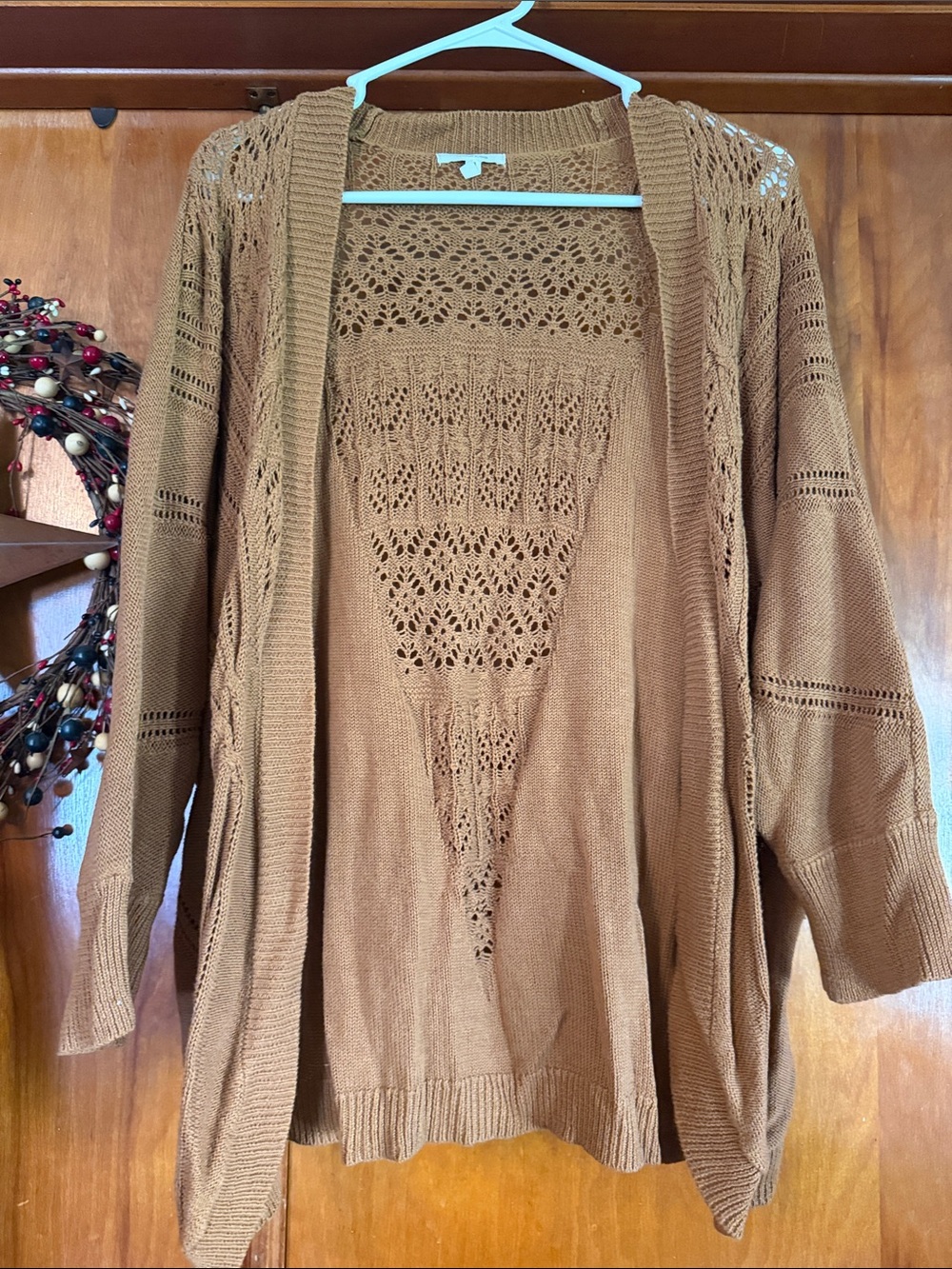 Maurices Caramel Brown Open-Front Crochet Cardigan